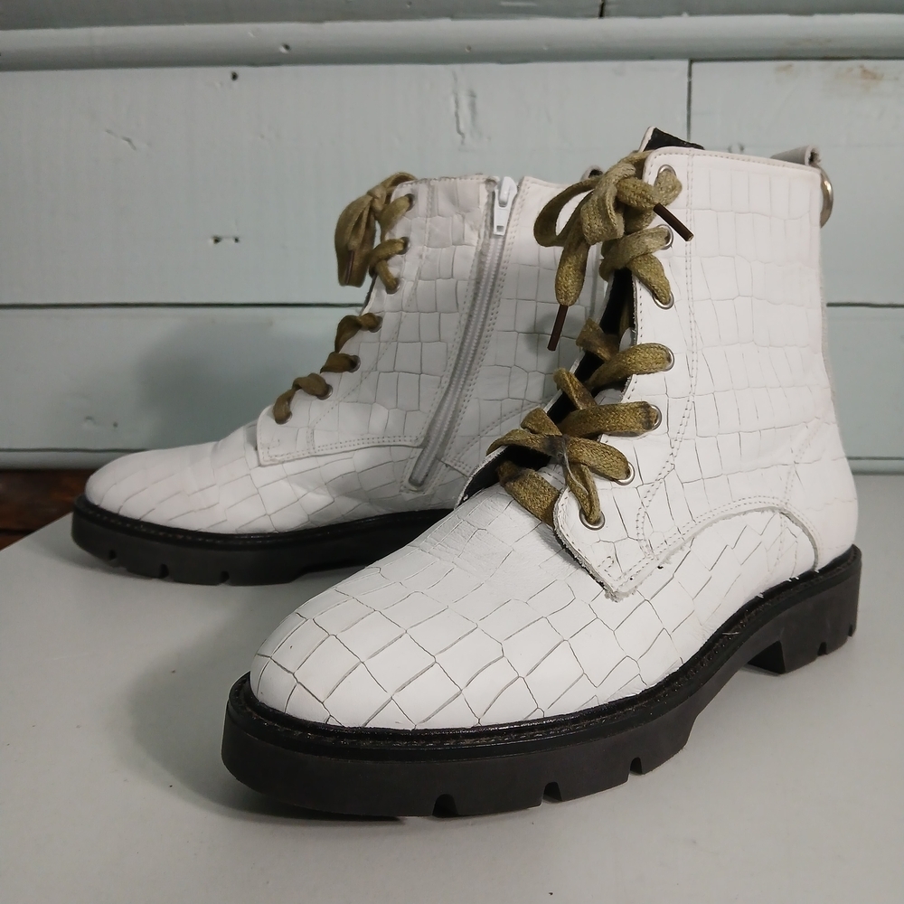 White Croc-Embossed Lace-Up Boots
